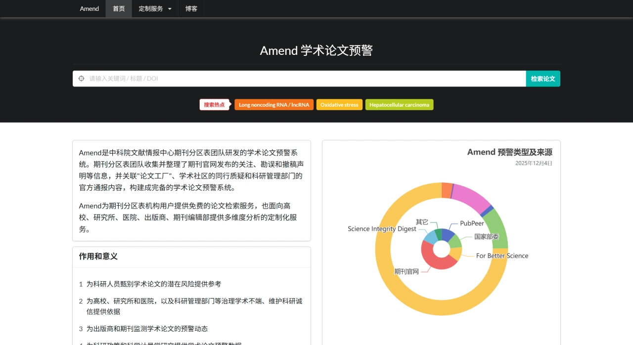 Amend：中科院文献情报中心期刊分区表团队研发的学术论文预警系统